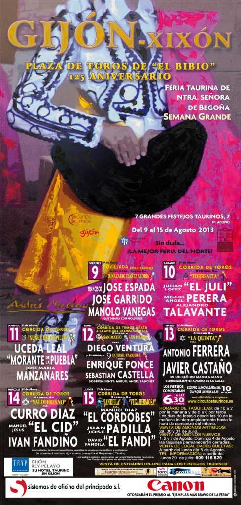 Cartel toros Gijón - Feria taurina de Begoña 2013