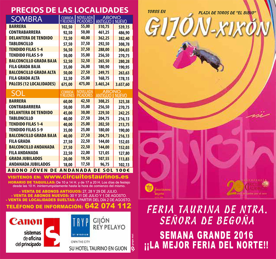 Cartel toros Gijón - Feria taurina de Begoña 2016