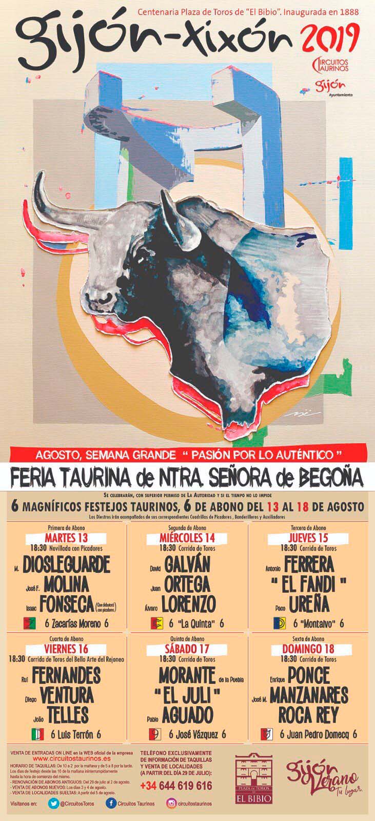 Cartel toros Gijón - Feria taurina de Begoña 2019