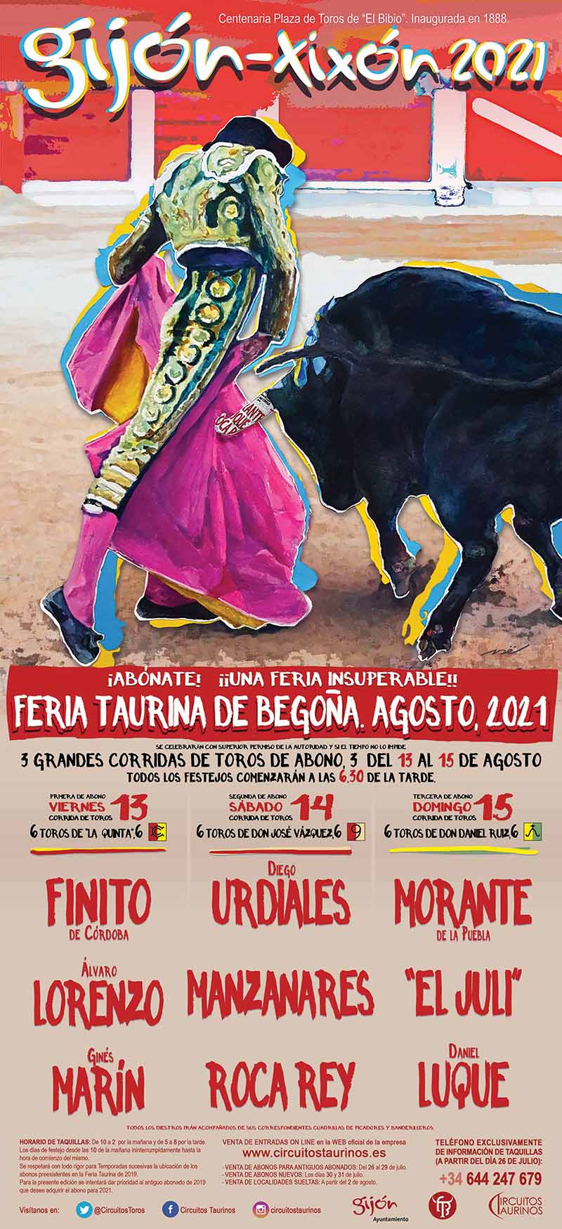 Cartel toros Gijón - Feria taurina de Begoña 2021